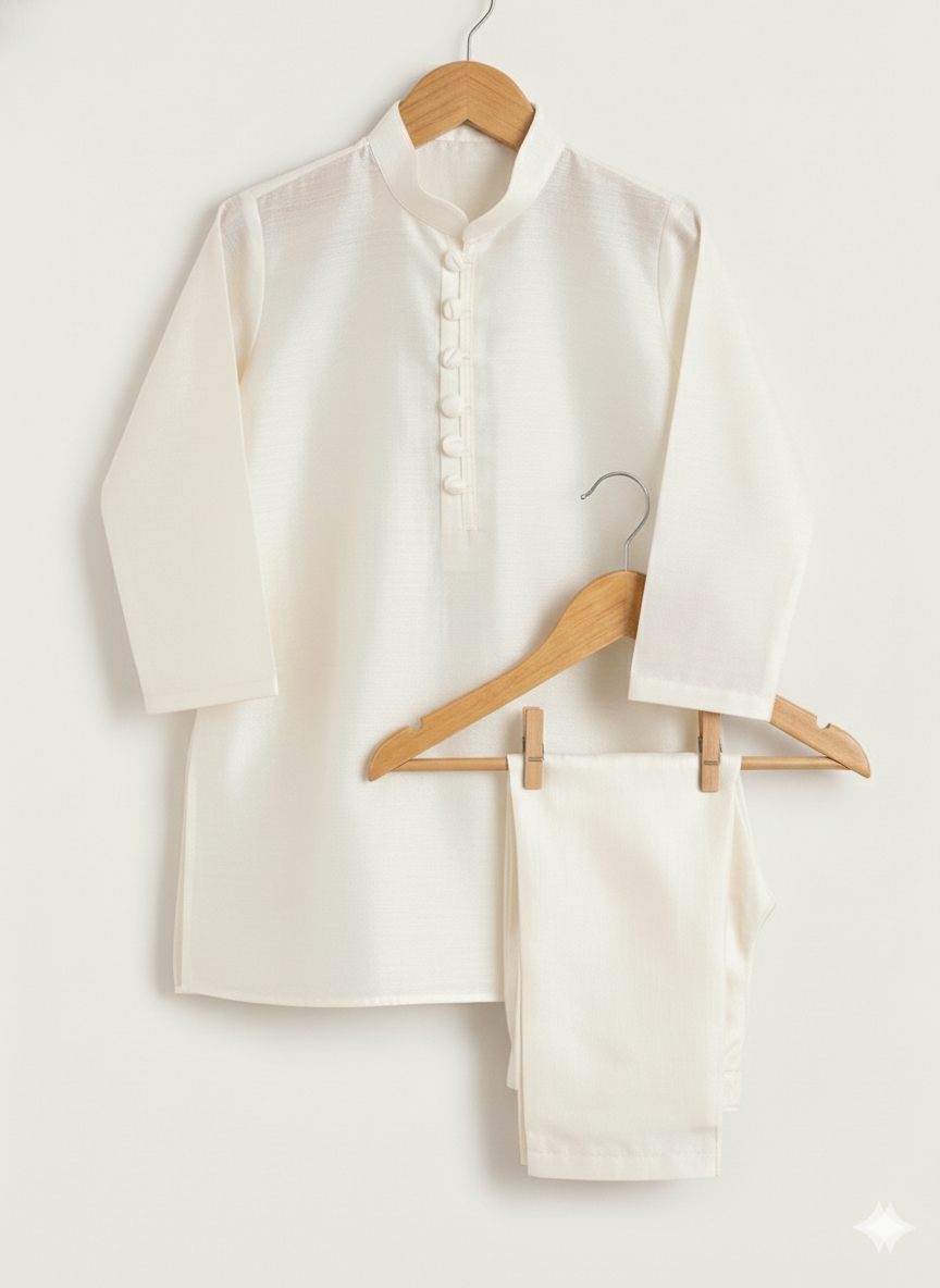 Raw silk festive kurta Pajama For Boys - Off white - Maa Sadqay
