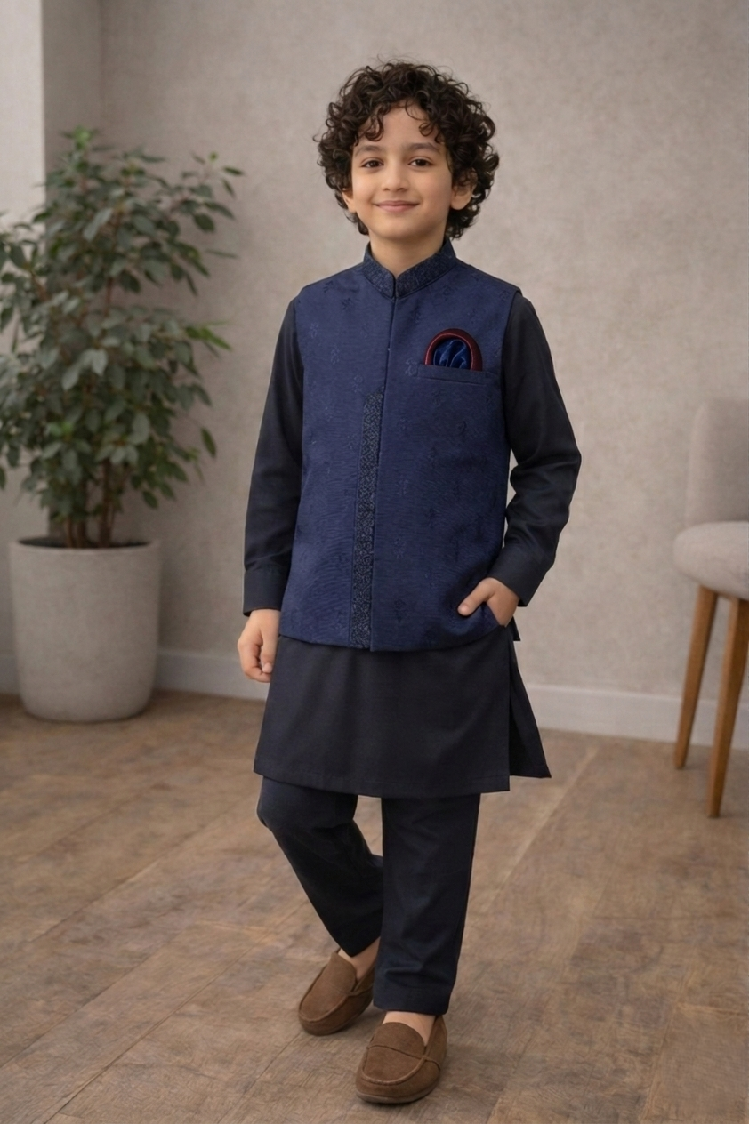 Boys 3 Piece Waistcoat Suit – Kurta Shalwar/Pajama Set - Art 567 Navy Blue