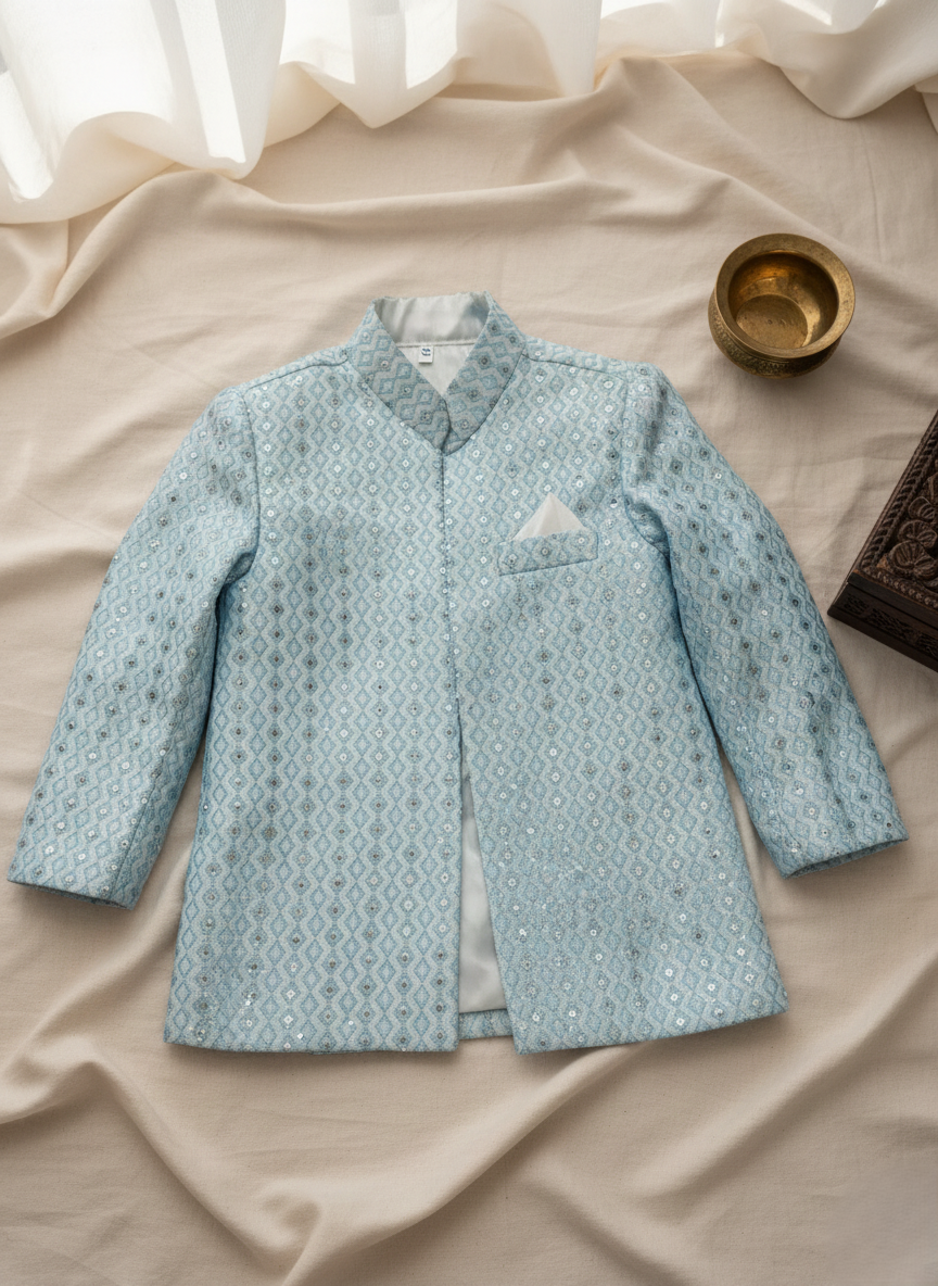 Classic Textured jacquard Open-Front Gown -Sky OG-5 - Maa Sadqay
