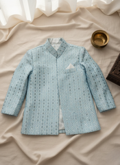 Classic Textured jacquard Open-Front Gown -Sky OG-5 - Maa Sadqay