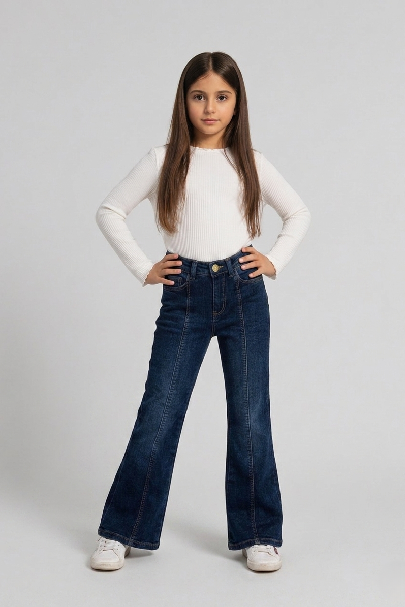 Girls Dark Wash High-Rise Seamed Flare Bootcut Denim Jeans - DJ17