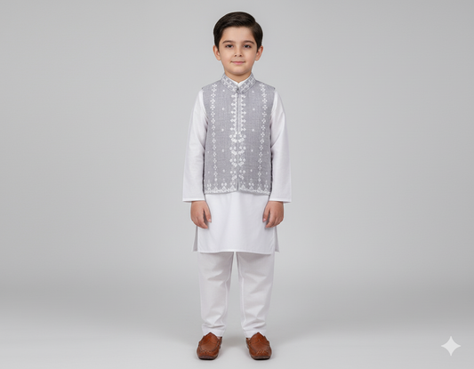 Boys Embroidered Waistcoat Steel Grey -WC04