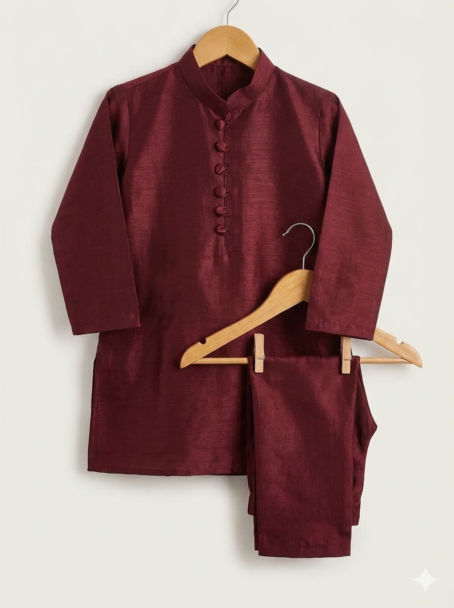 Raw silk festive kurta Pajama For Boys -  Maroon