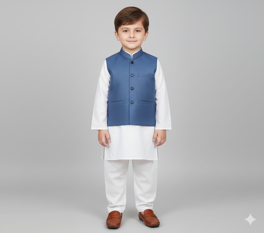 Boys Waistcoat Self Electric Blue -WC06