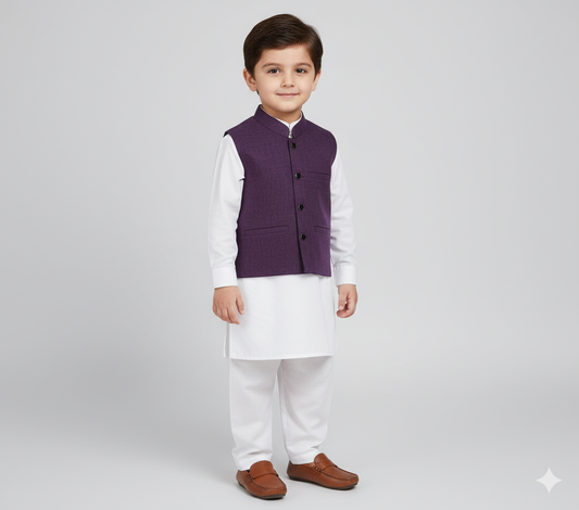 Boys Waistcoat Textured Purple Plum -WC07