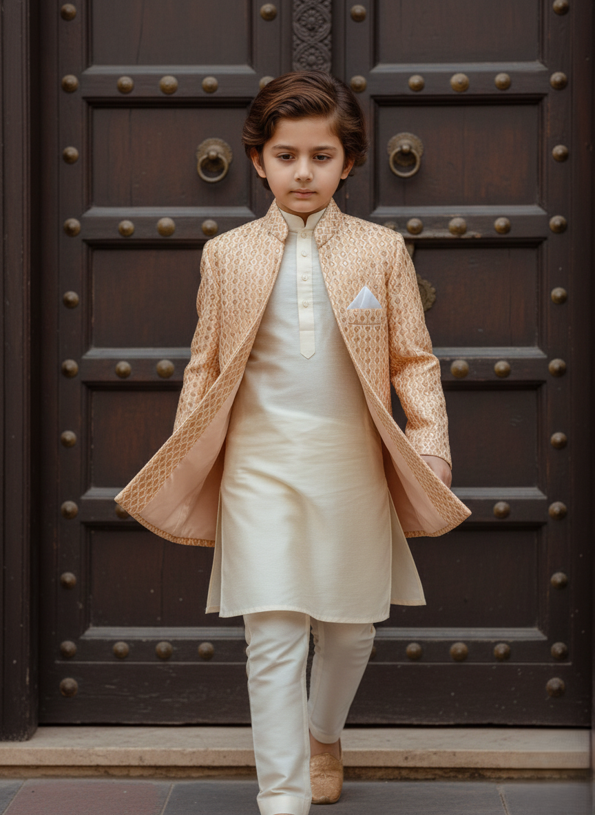Classic Textured jacquard Open-Front Gown - Peach OG-4 - Maa Sadqay