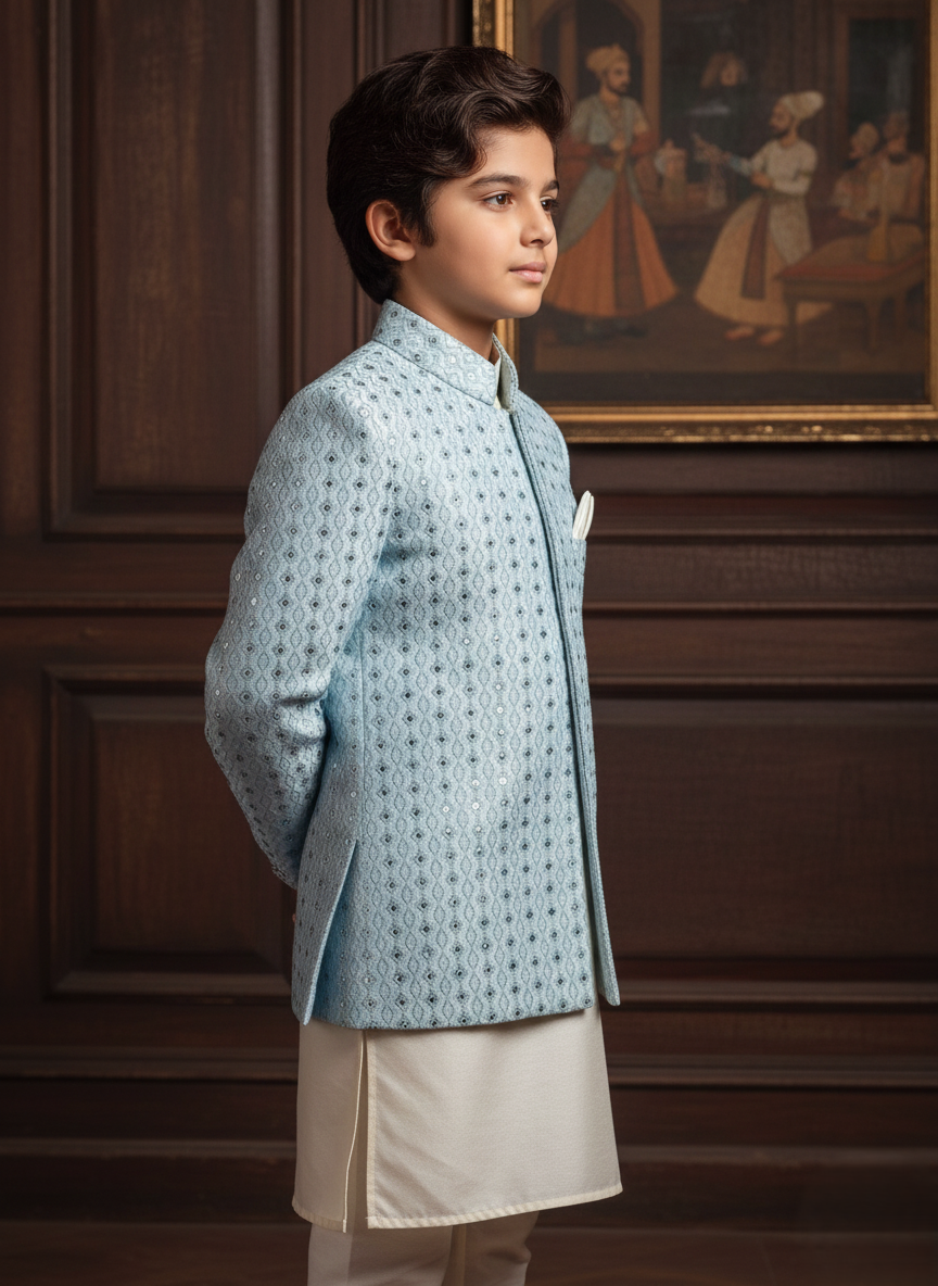 Classic Textured jacquard Open-Front Gown -Sky OG-5 - Maa Sadqay