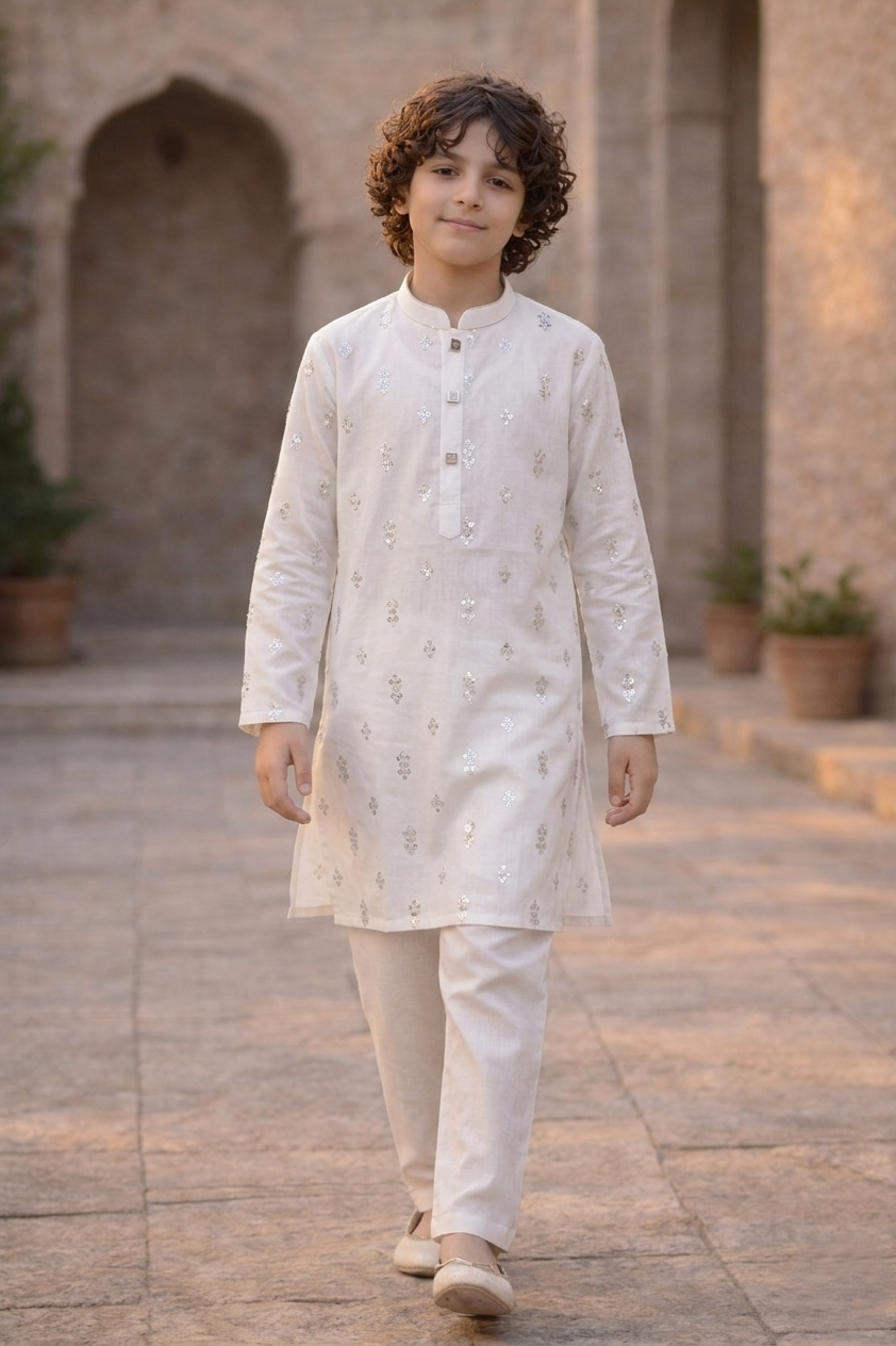Boys Premium Embroidered Kurta Pajama  - Art 181 Off White