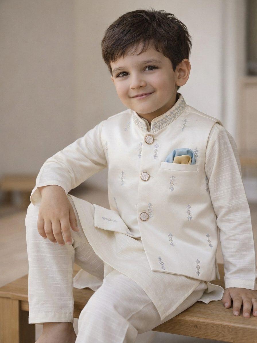 Boys 3 Piece Waistcoat Suit – Kurta Shalwar/Pajama Set - Art D46 Off White