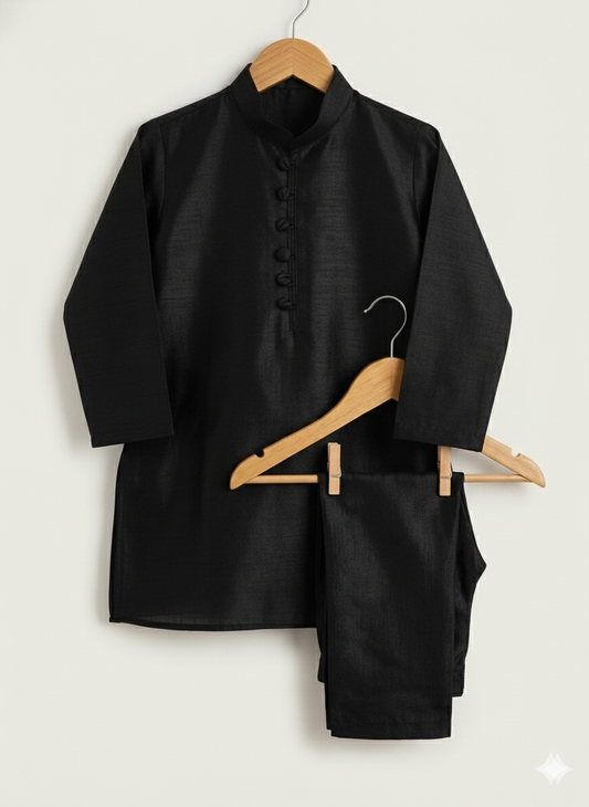 Raw silk festive kurta Pajama For Boys - Black