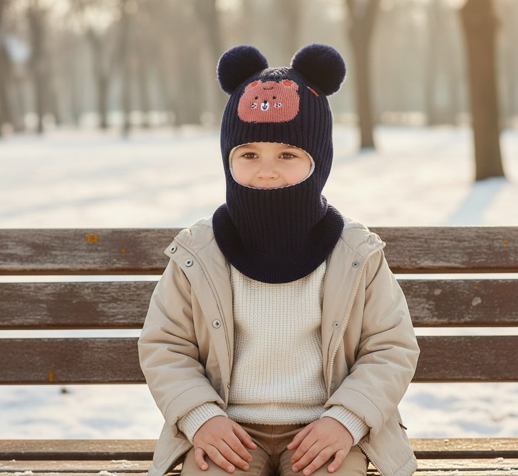 Unisex Woolen long One Piece Beanie Cap Ear & Neck Protection 2-6y - Bc123