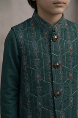 Boys 3 Piece Waistcoat Suit – Kurta Shalwar/Pajama Set - Art 468 Bottle Green