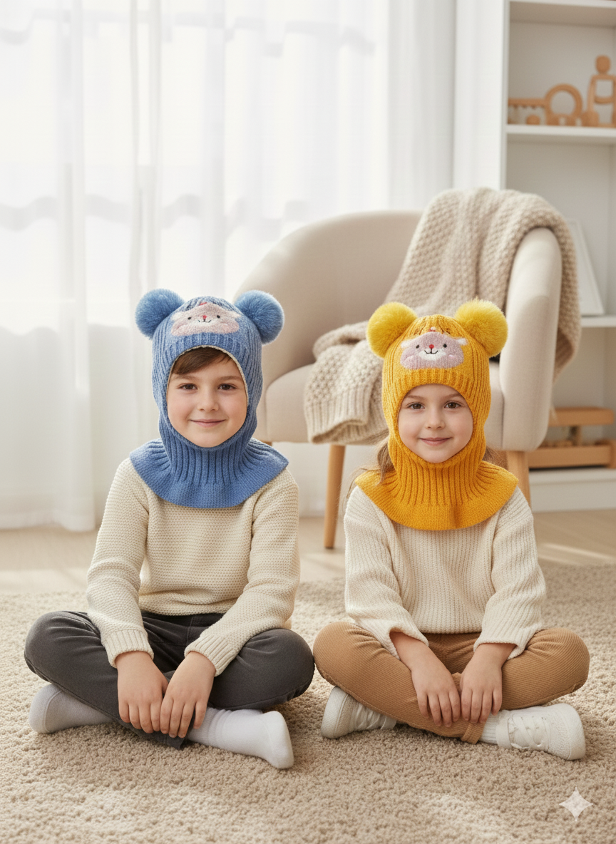 Unisex Woolen long One Piece Beanie Cap Ear & Neck Protection 2-6y - Bc123
