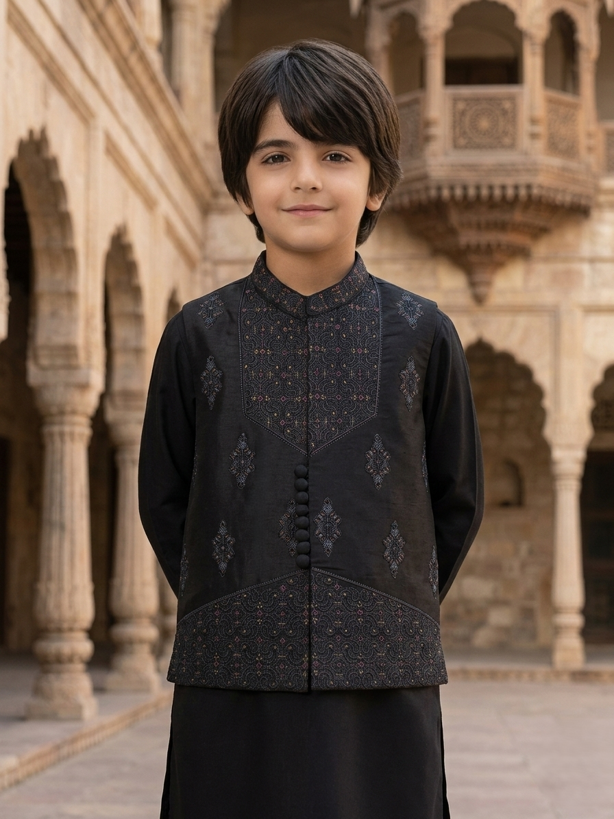 Boys Premium Al karam 3 Piece Waistcoat Suit – Kurta pajama Set - Art D200 Black
