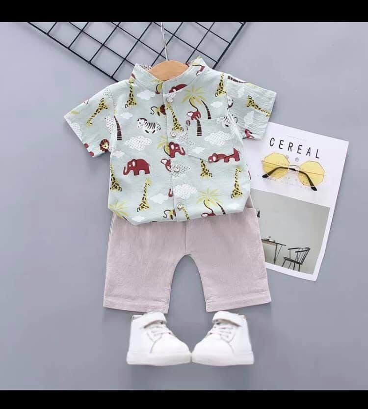 Funky Cotton Shirt with Shorts Set |Palm Animal Aqua -FS1018