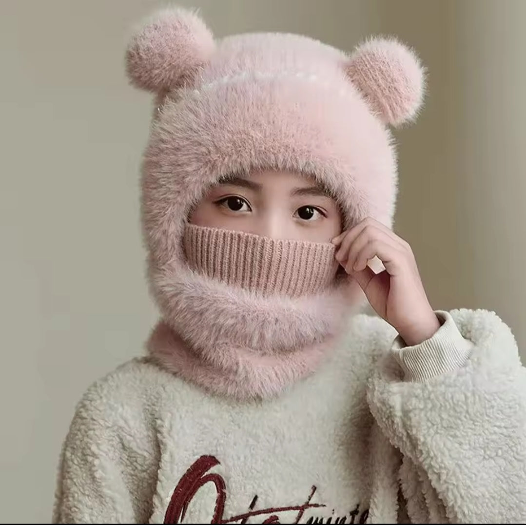 Warm Plush Pullover 2 in 1 Protection Cap with Mask - Free Size