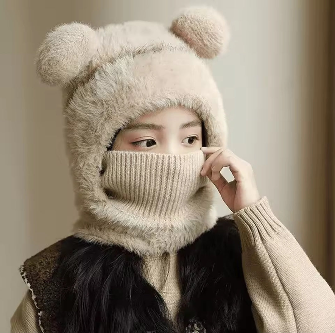 Warm Plush Pullover 2 in 1 Protection Cap with Mask - Free Size