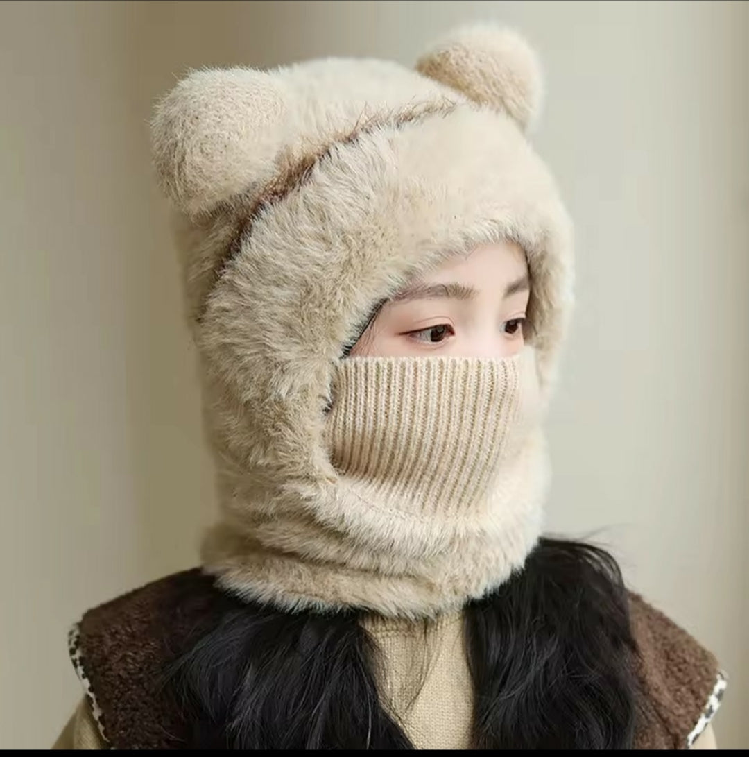 Warm Plush Pullover 2 in 1 Protection Cap with Mask - Free Size