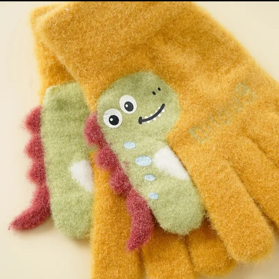 Kids Warm Woolen Premium Plush Gloves - Dino Thumb 6-12 y