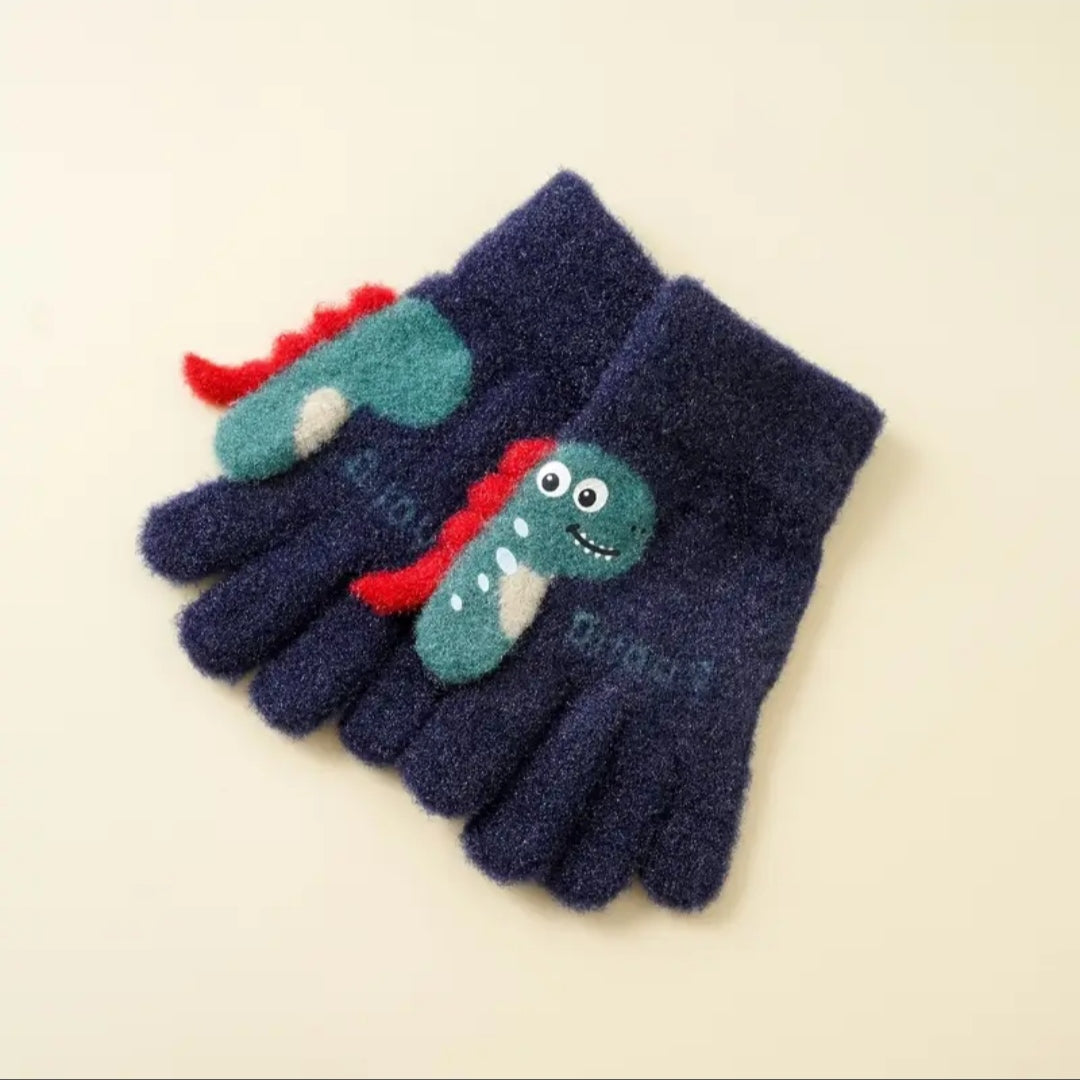 Kids Warm Woolen Premium Plush Gloves - Dino Thumb 6-12 y