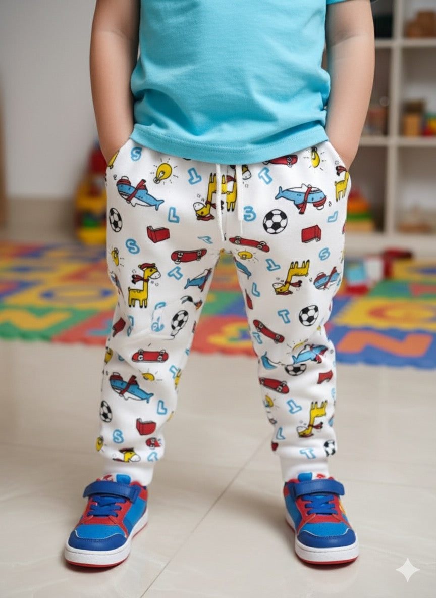 White Fleece Trousers with Cartoon Print - Maa Sadqay