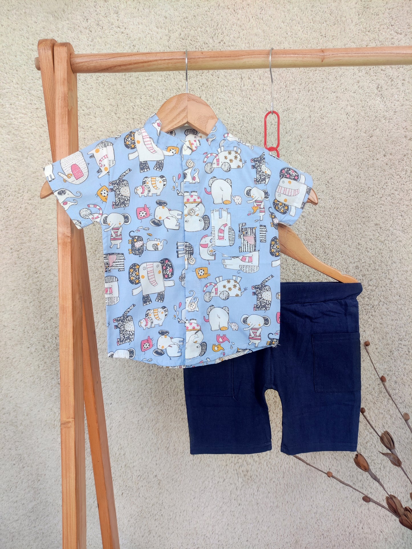 Funky Cotton Shirt with Shorts Set |Soft Blue Elephant -FS1005