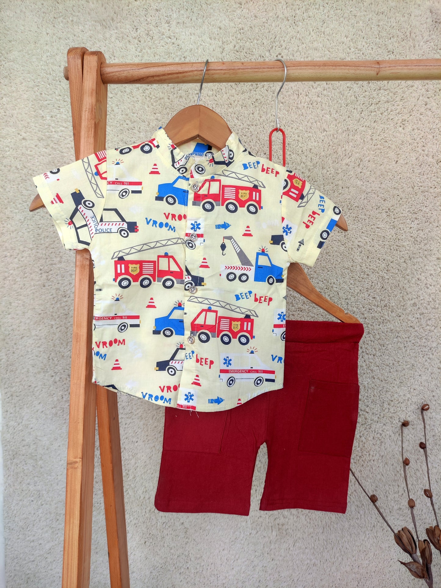 Funky Cotton Shirt with Shorts Set |Fire Truck Yellow -FS1008