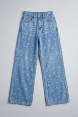 Girls Daisy Light Wash Floral Print Wide-Leg Jeans. DJ10
