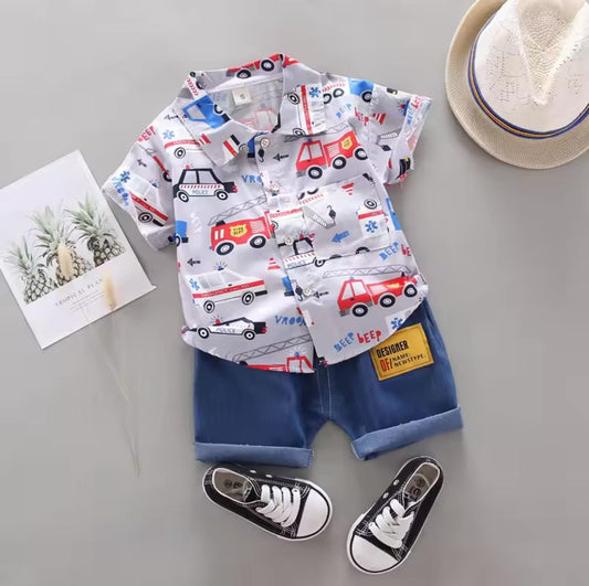 Funky Cotton Shirt with RED Shorts Set |Fire Truck -Grey --FS1003