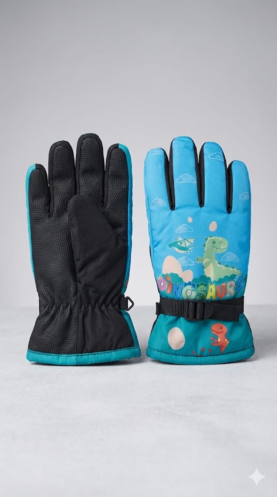 Kids Warm Snow SKi Waterproof Parachute Gloves For Boys/Girls- Dino 6-12 y