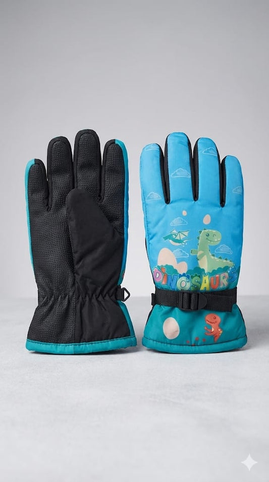 Kids Warm Snow SKi Waterproof Parachute Gloves For Boys/Girls- Dino 6-12 y