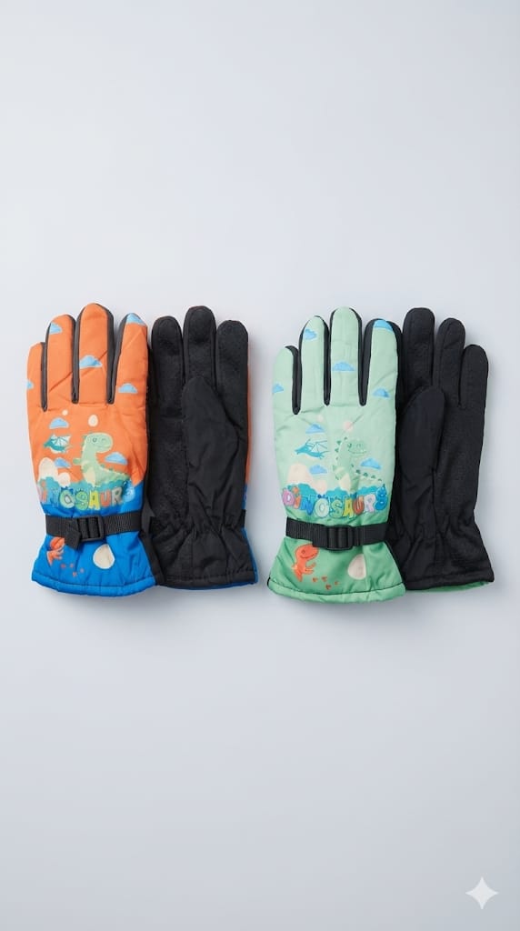 Kids Warm Snow SKi Waterproof Parachute Gloves For Boys/Girls- Dino 6-12 y