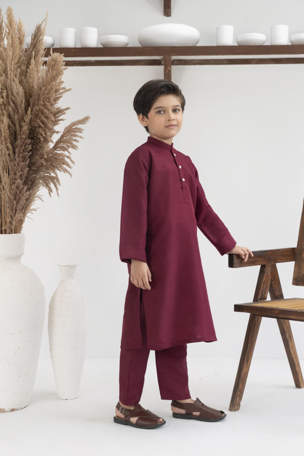 Raw silk festive kurta Pajama For Boys -  Maroon
