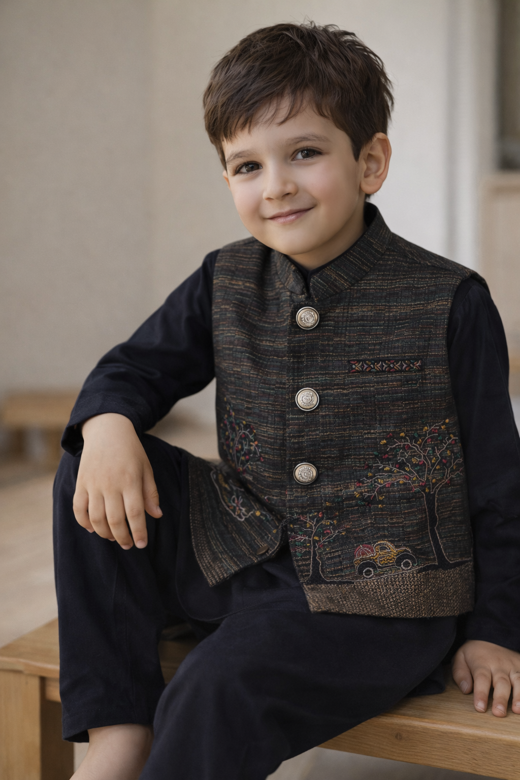 Boys Premium 3 Piece Waistcoat Suit – Kurta Shalwar/Pajama Set - Art 466 Black - Maa Sadqay