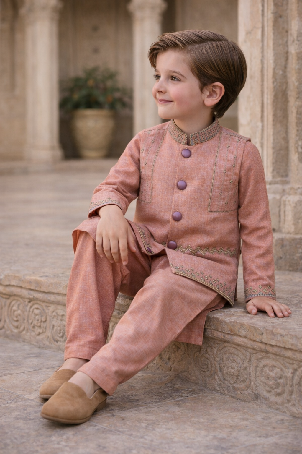 Boys 3 Piece Waistcoat Suit – Kurta Shalwar/Pajama Set - Art 162 peach - Maa Sadqay