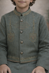 Boys 3 Piece Waistcoat Suit – Kurta Shalwar/Pajama Set - Art 160 Green - Maa Sadqay