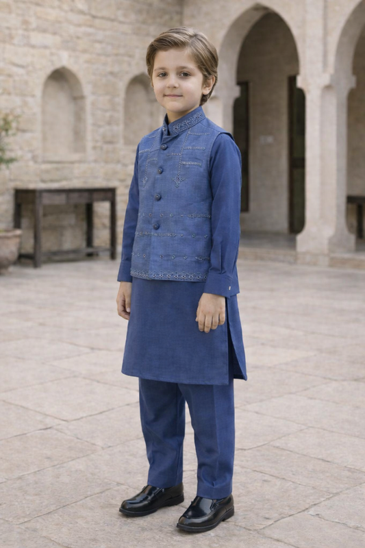 Boys 3 Piece Waistcoat Suit – Kurta Shalwar/Pajama Set - Art 173 Blue - Maa Sadqay