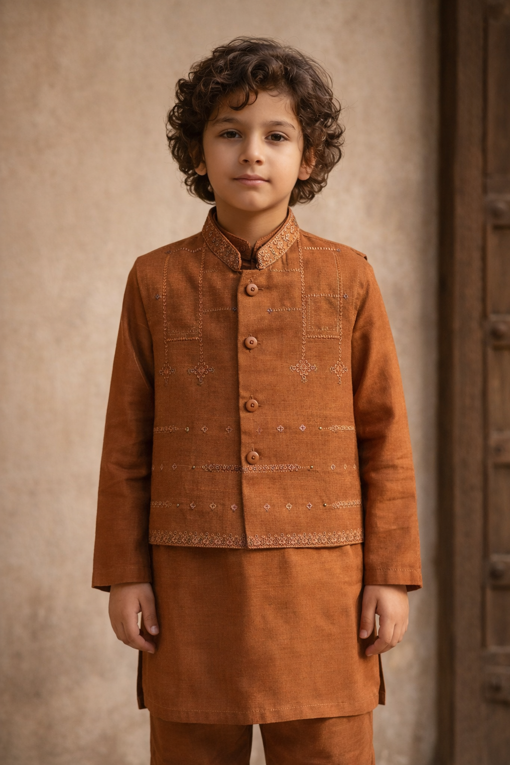 Boys 3 Piece Waistcoat Suit – Kurta Shalwar/Pajama Set - Art 173 Rust - Maa Sadqay