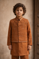Boys 3 Piece Waistcoat Suit – Kurta Shalwar/Pajama Set - Art 173 Rust - Maa Sadqay