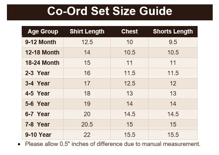 Boys Premium Summer Co-ord Set - BCSRC24 Size Guide