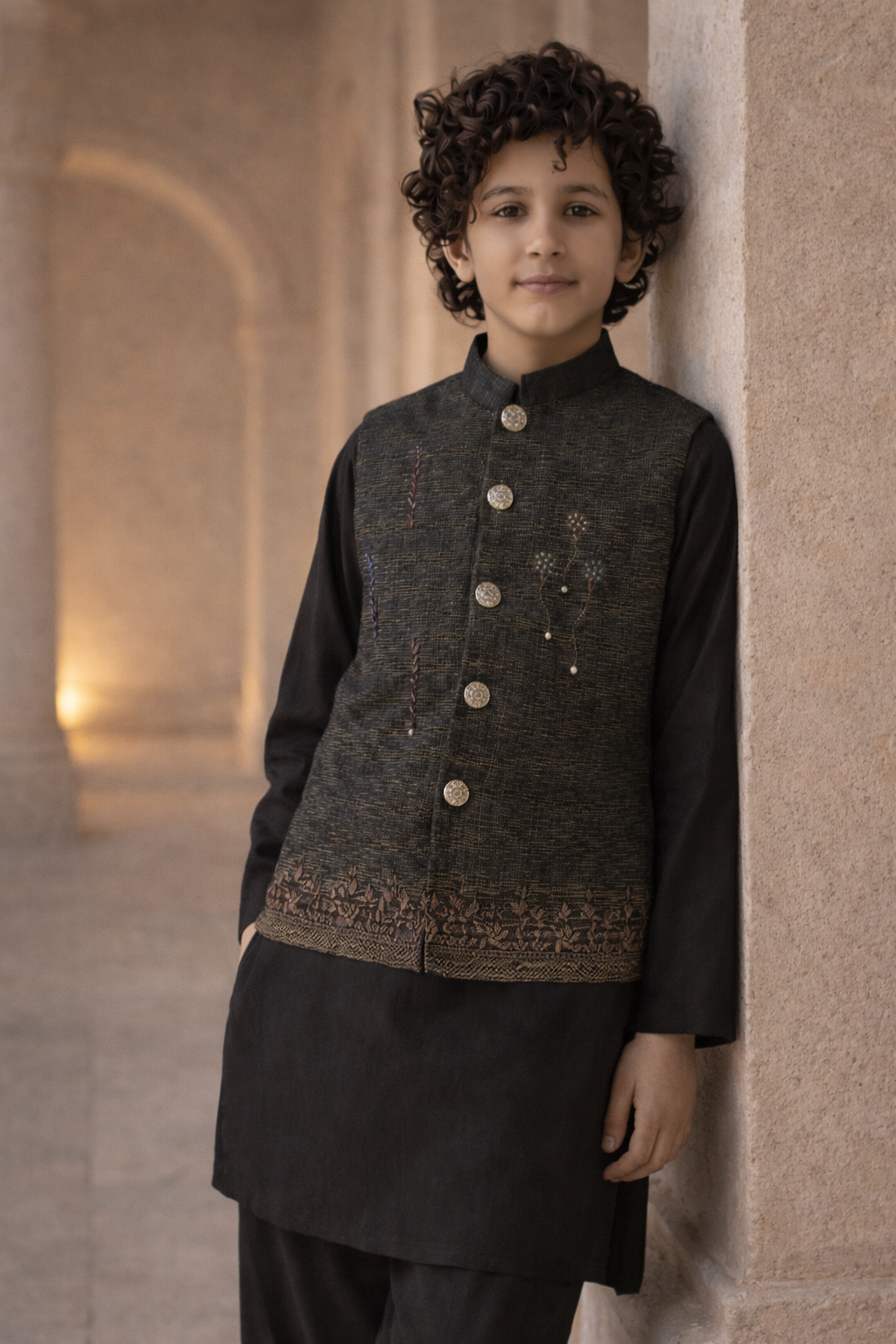 Boys Premium 3 Piece Waistcoat Suit – Kurta Shalwar/Pajama Set - Art 1014 Black - Maa Sadqay