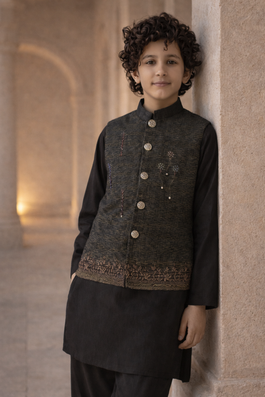 Boys Premium 3 Piece Waistcoat Suit – Kurta Shalwar/Pajama Set - Art 1014 Black - Maa Sadqay