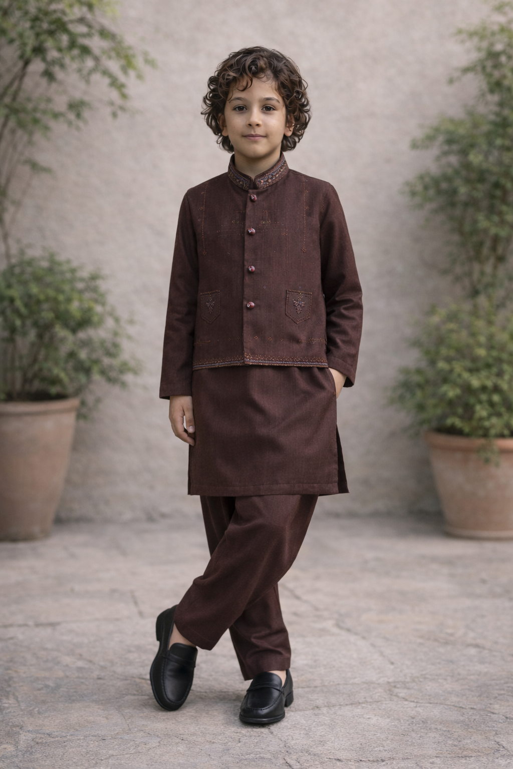 Boys 3 Piece Waistcoat Suit – Kurta Shalwar/Pajama Set - Art 160 Brown - Maa Sadqay