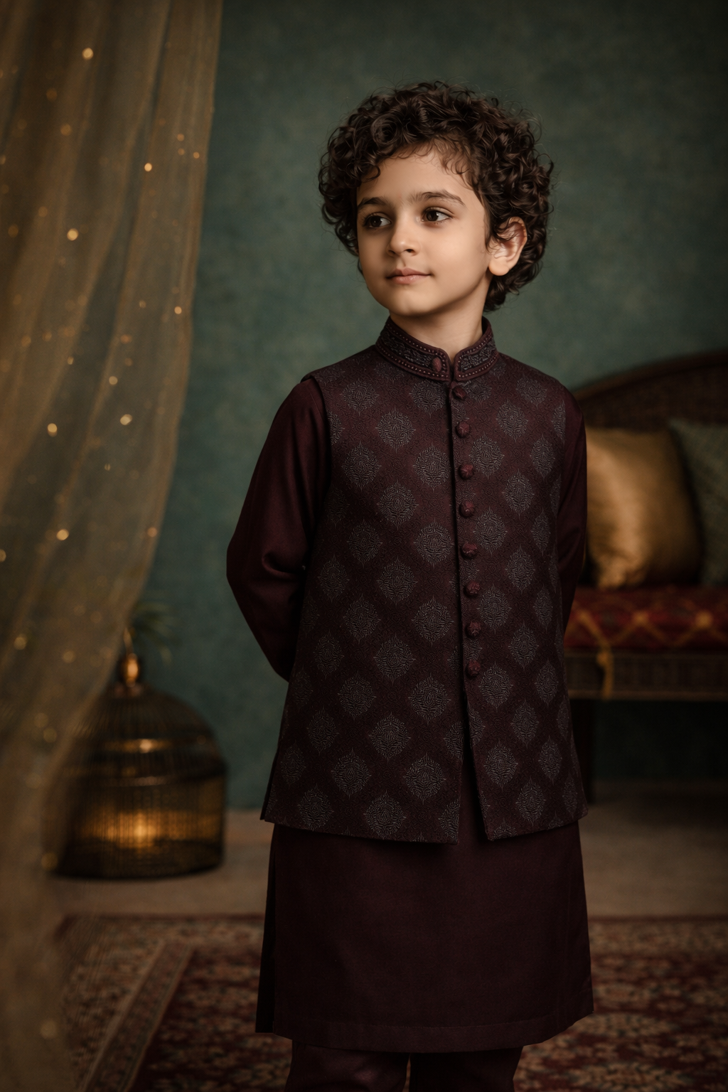 Boys Premium Al karam 3 Piece Waistcoat Suit – Kurta Shalwar/Pajama Set - Art 2518 Maroon - Maa Sadqay