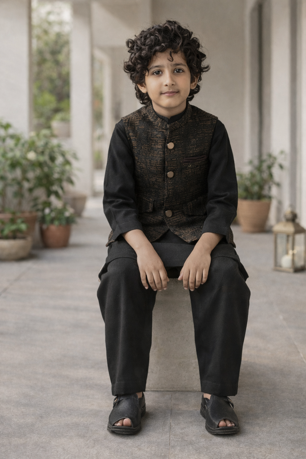 Boys Premium 3 Piece Waistcoat Suit – Kurta Shalwar/Pajama Set - Art 1015 Black - Maa Sadqay
