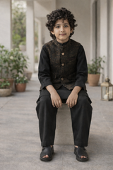 Boys Premium 3 Piece Waistcoat Suit – Kurta Shalwar/Pajama Set - Art 1015 Black - Maa Sadqay