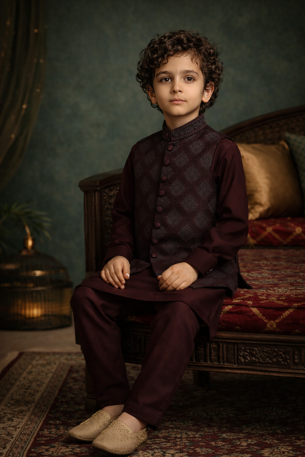 Boys Premium Al karam 3 Piece Waistcoat Suit – Kurta Shalwar/Pajama Set - Art 2518 Maroon - Maa Sadqay