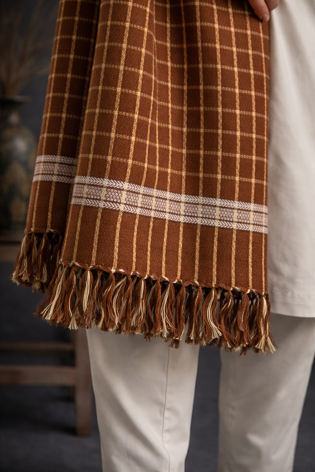 Boys Premium Checkered Woolen Shawl - Rust