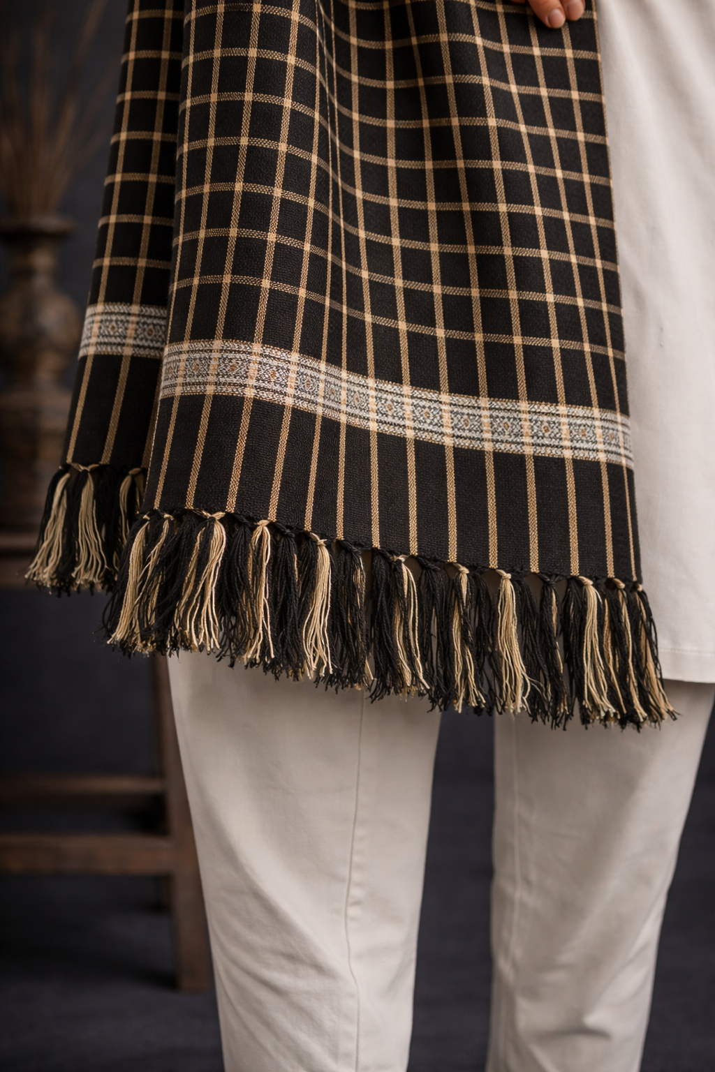 Boys Premium Checkered Woolen Shawl - Black