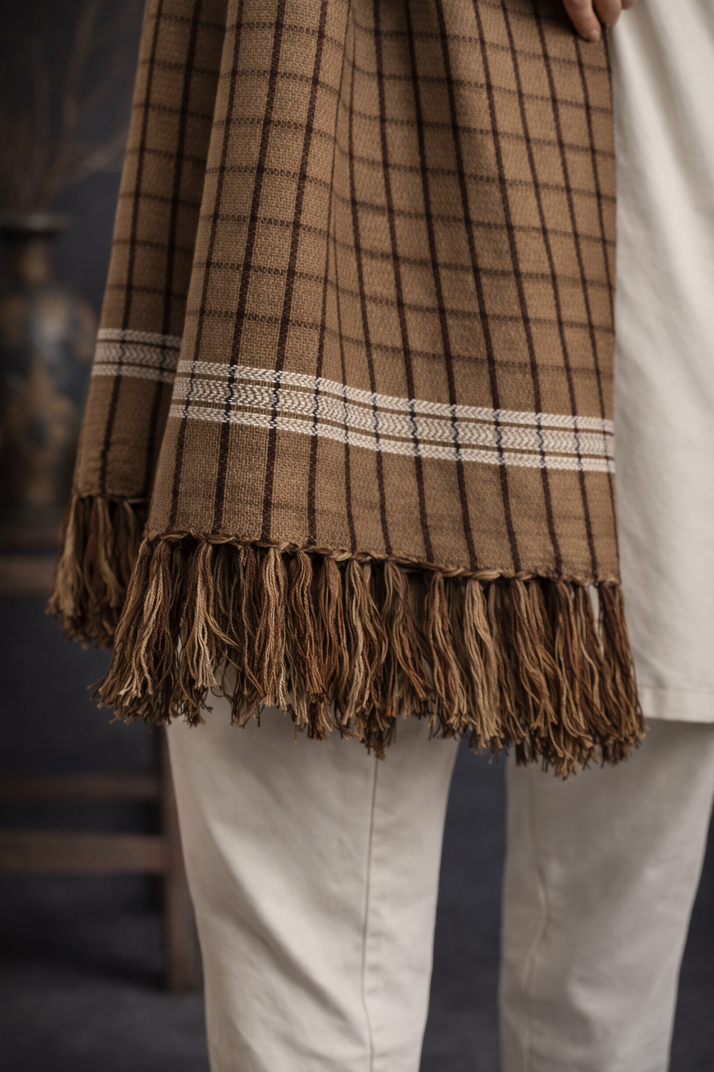 Boys Premium Checkered Woolen Shawl - Light Brown